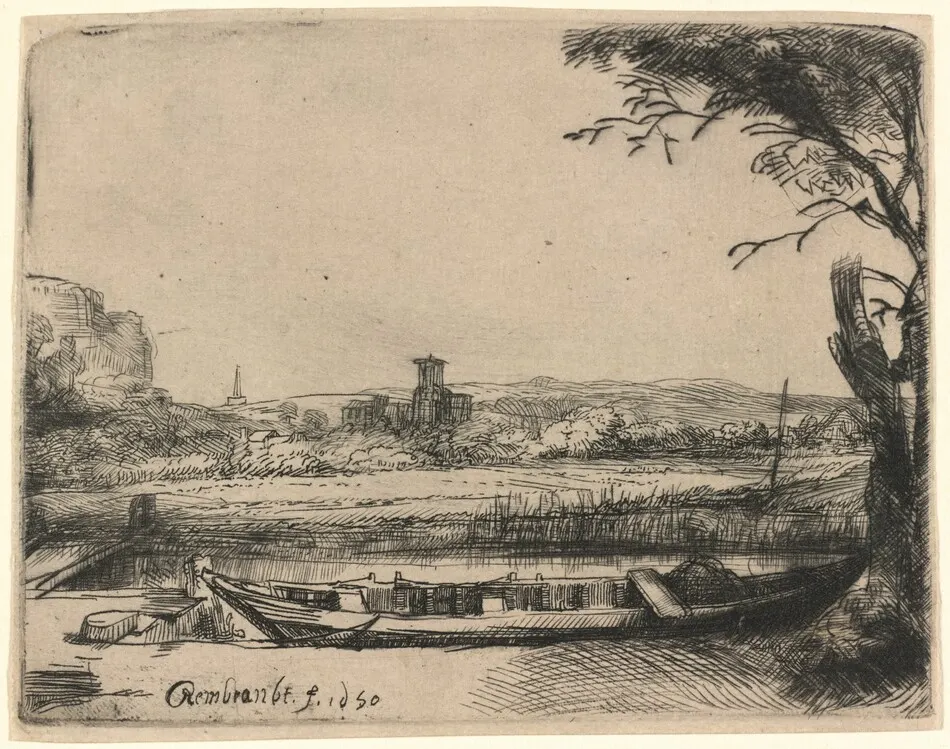 Canal with a Large Boat and Bridge by Rembrandt van Rijn