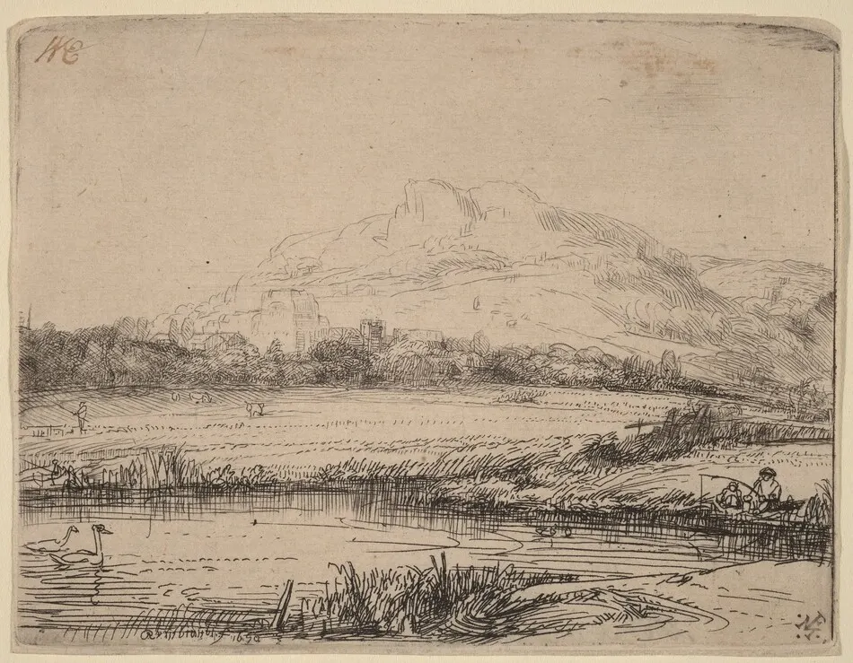 Canal with an Angler and Two Swans by Rembrandt van Rijn