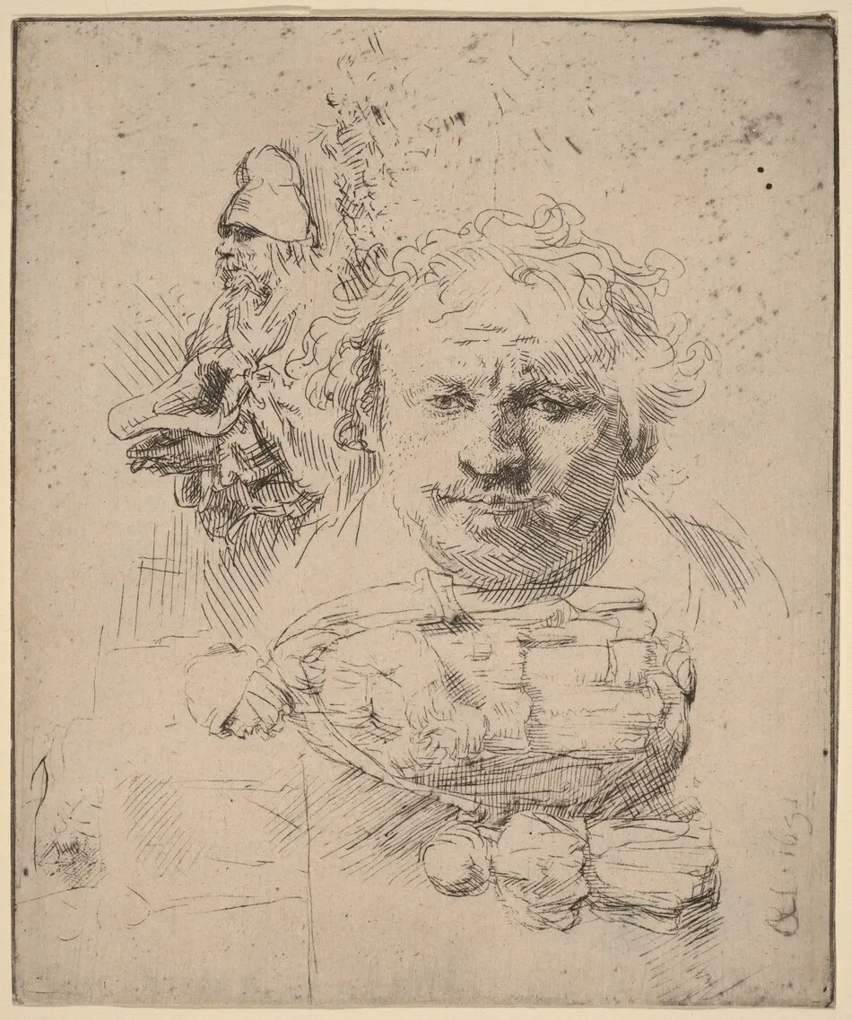 Sheet of Studies with the Head of the Artist, a Beggar Man, and Woman and Child by Rembrandt van Rijn