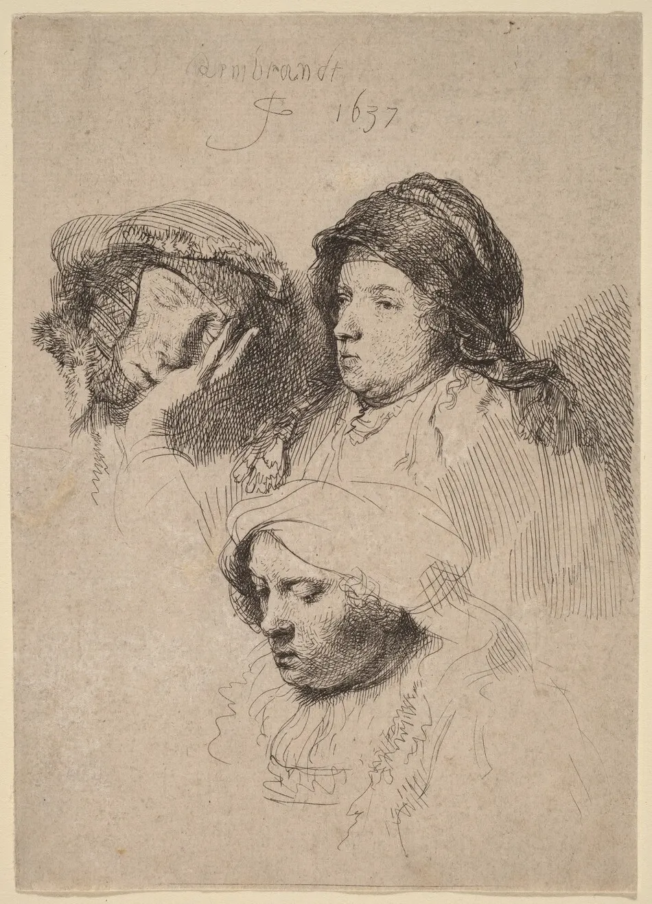 Three Heads of Women, One Asleep by Rembrandt van Rijn