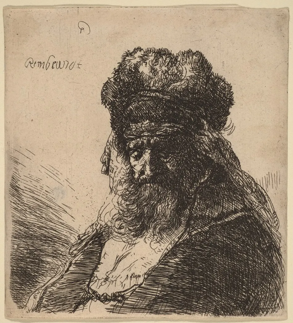 Old Bearded Man in a High Fur Cap, with Eyes Closed by Rembrandt van Rijn