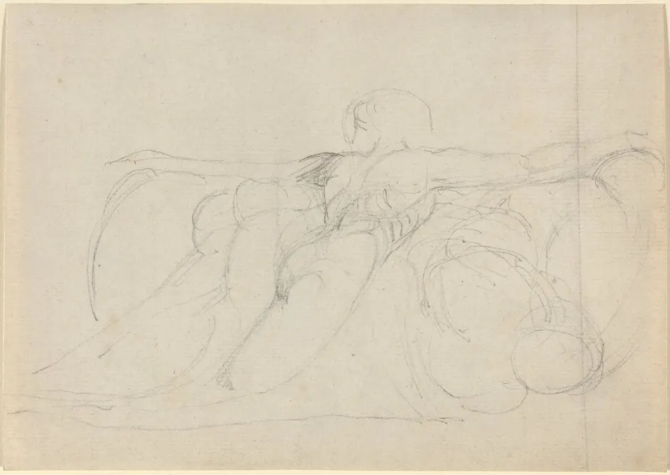 A Man Seen from Behind, Rising on Clouds by William Blake