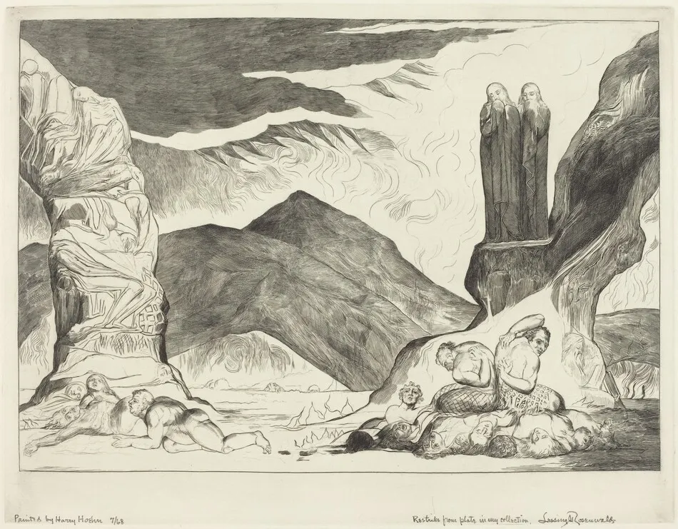 The Circle of the Falsifiers; Dante and Virgil Covering their Noses because of the stench by William Blake