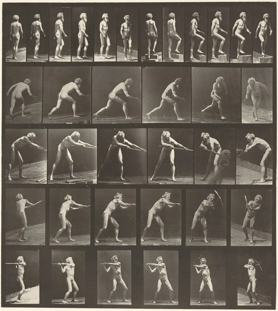 Plate Number 521. A: Walking. B: Ascending step. C. Throwing disk. D: Using shovel. E, F. Using pick by Eadweard Muybridge