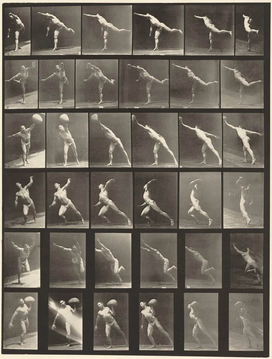 Plate Number 523. A: Striking a blow. B, E: Throwing disk. C, F: Heaving a 75-lb. stone. D: Throwing a ball by Eadweard Muybridge