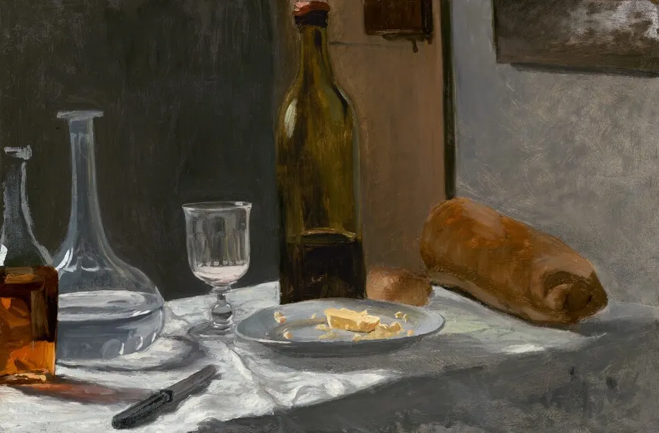 Still Life with Bottle, Carafe, Bread, and Wine by Claude Monet