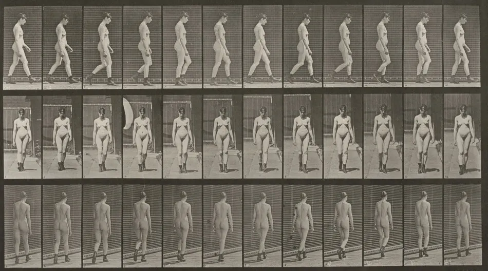 Plate Number 22. Walking with high-heeled boots on by Eadweard Muybridge
