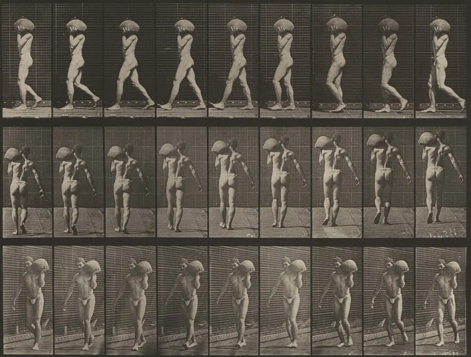 Plate Number 26. Walking, carrying a 75-lb. stone on left shoulder by Eadweard Muybridge