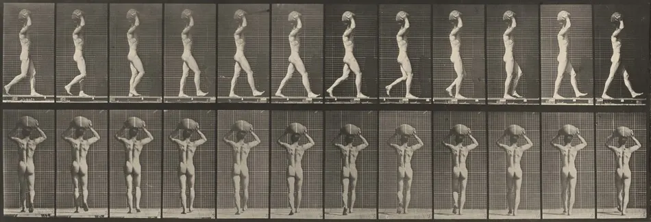 Plate Number 27. Walking and carrying a 75-lb. stone on head, hands raised by Eadweard Muybridge