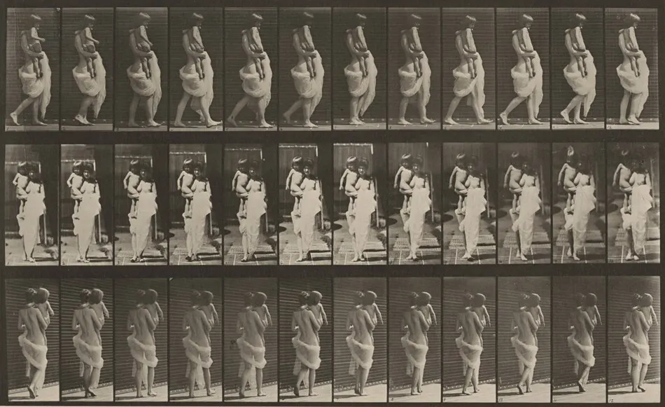 Plate Number 35. Walking and carrying child on right arm by Eadweard Muybridge