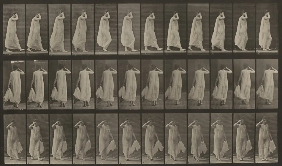 Plate Number 37. Walking; left hand holding dress, right hand at face by Eadweard Muybridge