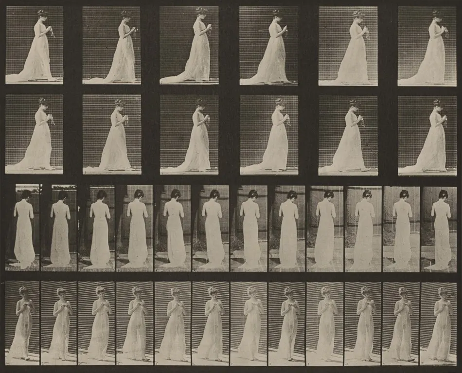 Plate Number 39. Walking; hands engaged in knitting by Eadweard Muybridge