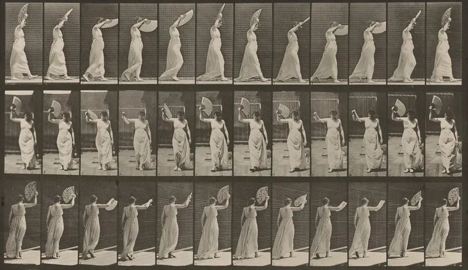 Plate Number 41.  Walking; flirting a fan by Eadweard Muybridge