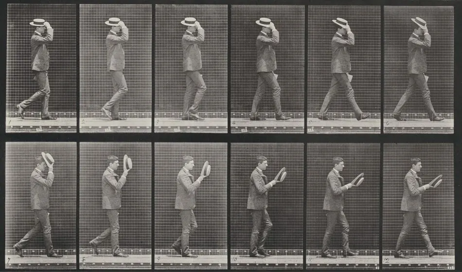 Plate Number 44. Walking and taking off a hat by Eadweard Muybridge