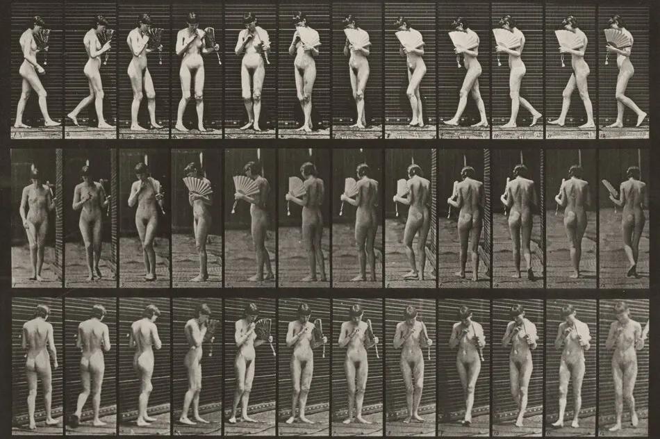Plate Number 46. Walking, flirting a fan and turning around by Eadweard Muybridge