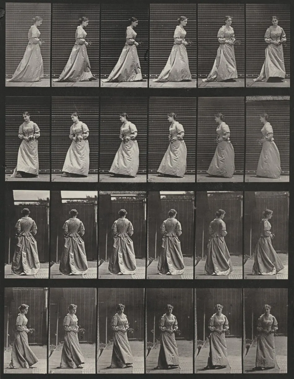 Plate Number 48. Walking and turning around with a bouquet in both hands by Eadweard Muybridge