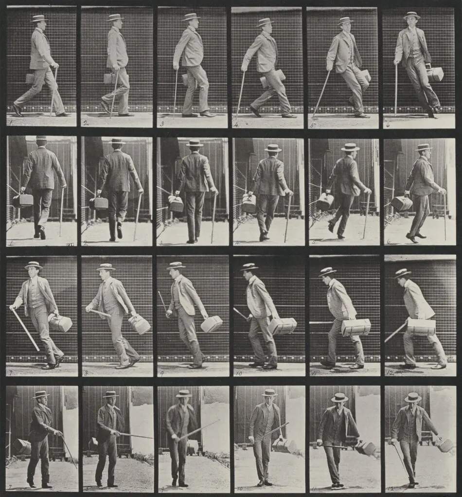 Plate Number 49. Walking and turning around rapidly with a satchel in one hand, a cane in the other by Eadweard Muybridge