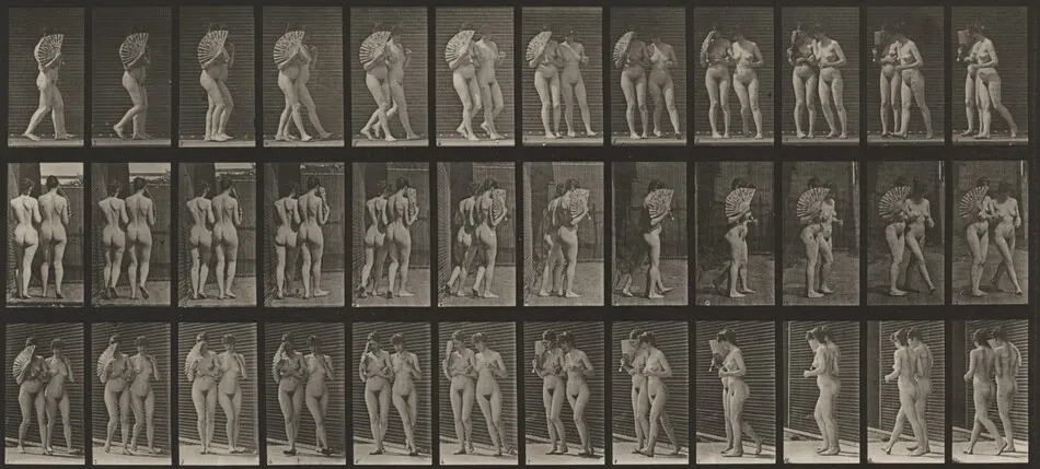 Plate Number 54. Two women walking arm in arm and turning around; one flirting a fan by Eadweard Muybridge