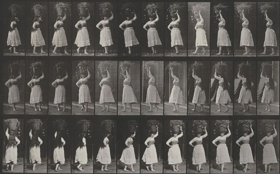 Plate Number 57. Walking and turning around with a 10-lb. basket on head by Eadweard Muybridge