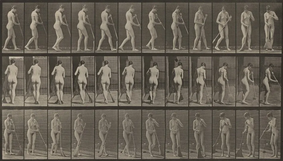 Plate Number 58. Walking, turning around and sweeping the floor by Eadweard Muybridge