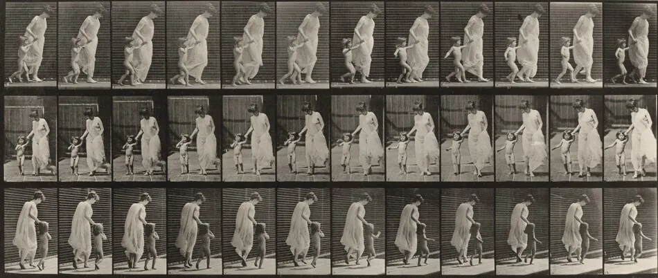 Plate Number 72. Running and leading child hand in hand by Eadweard Muybridge