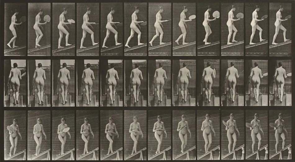 Plate Number 78. Ascending an incline and flirting a fan by Eadweard Muybridge