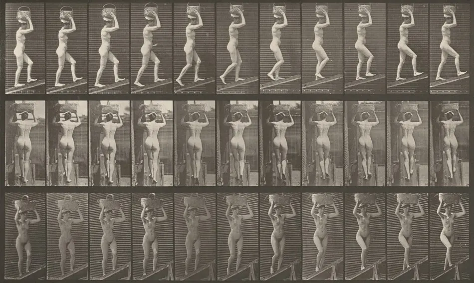 Plate Number 80. Ascending an incline with a 20-lb. basket on head by Eadweard Muybridge