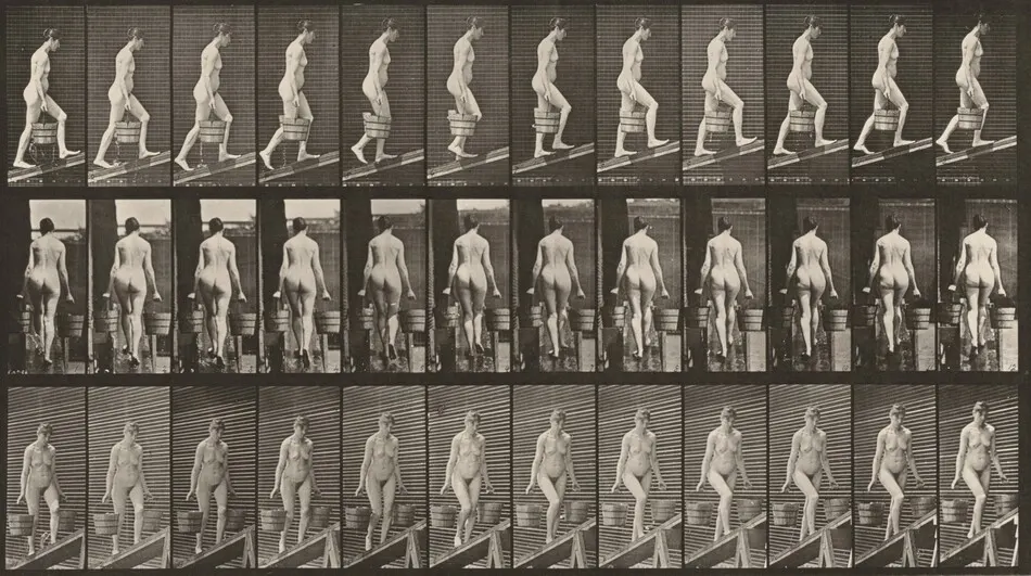 Plate Number 81. Ascending an incline with a bucket of water in each hand by Eadweard Muybridge