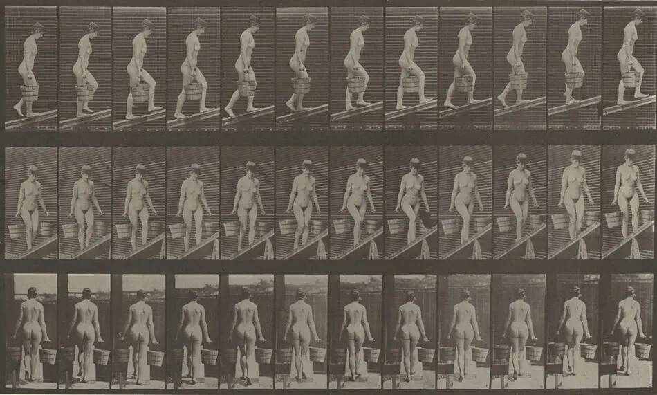 Plate Number 82.  Ascending an incline with a bucket of water in each hand by Eadweard Muybridge
