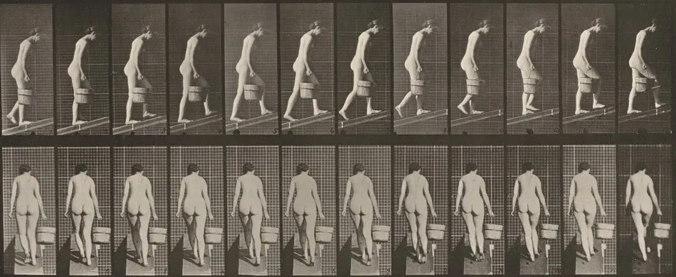 Plate Number 84. Ascending an incline with a bucket of water in right hand by Eadweard Muybridge