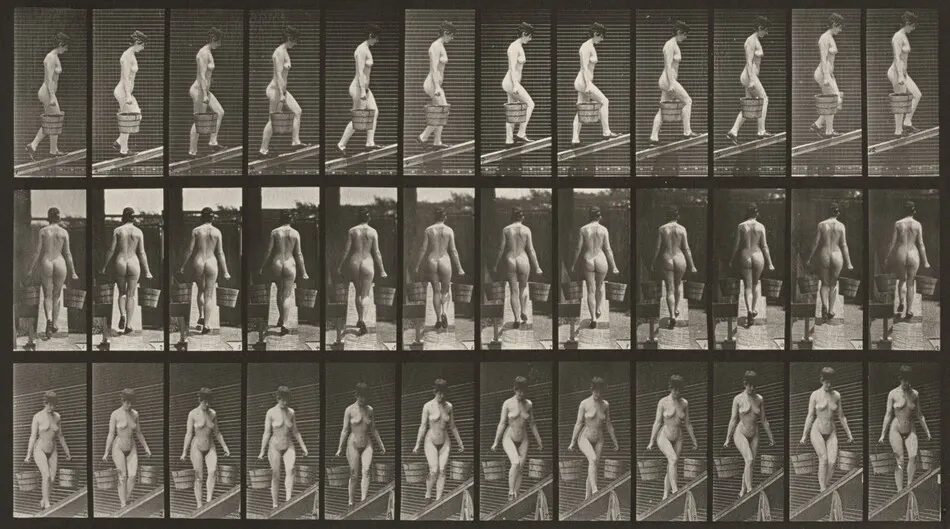 Plate Number 87. Ascending an incline with a bucket of water in each hand by Eadweard Muybridge