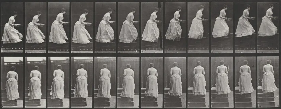 Plate Number 95. Ascending stairs with a basin in hands by Eadweard Muybridge