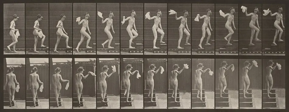 Plate Number 96. Ascending stairs, looking round and waving a handkerchief by Eadweard Muybridge