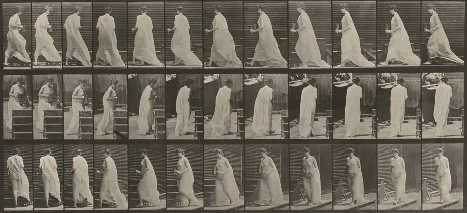 Plate Number 97. Turning to ascend stairs, with a pitcher and a goblet in hands by Eadweard Muybridge