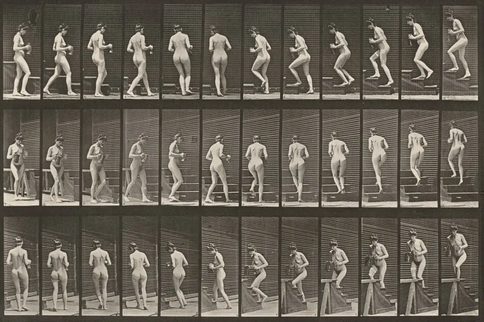 Plate Number 103. Turning and ascending stairs with a pitcher and goblet in hands by Eadweard Muybridge