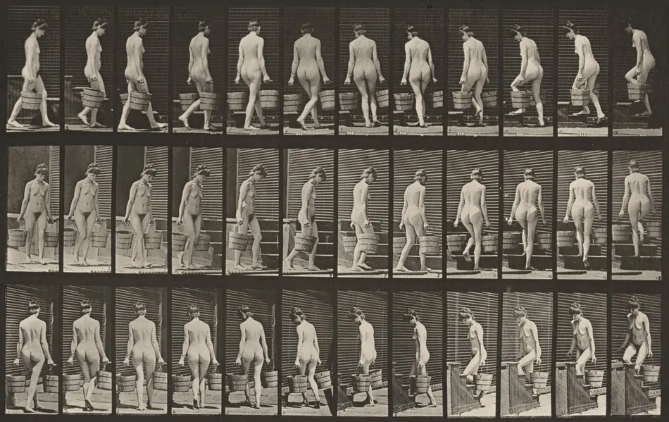 Plate Number 104. Turning and ascending stairs with a bucket of water in each hand by Eadweard Muybridge