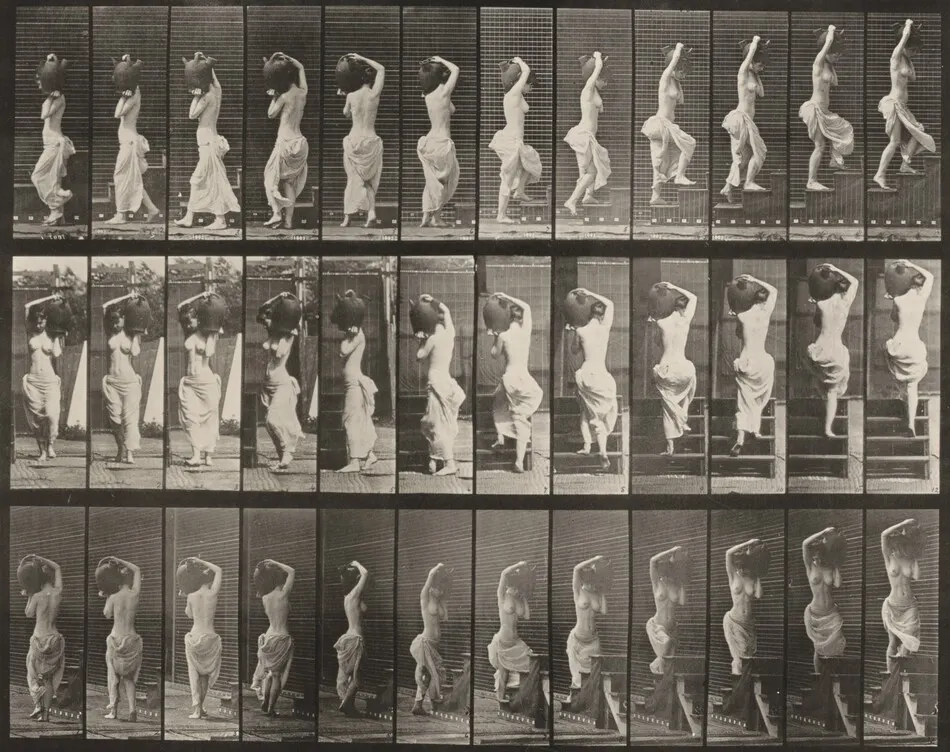 Plate Number 105. Turning and ascending stairs, a water jar on left shoulder by Eadweard Muybridge