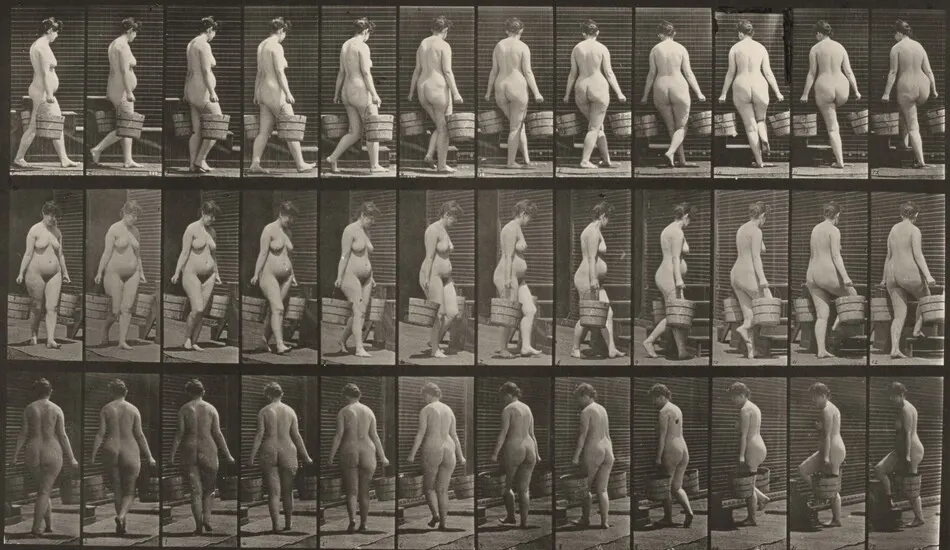 Plate Number 106. Turning to ascend stairs with a bucket of water in each hand by Eadweard Muybridge