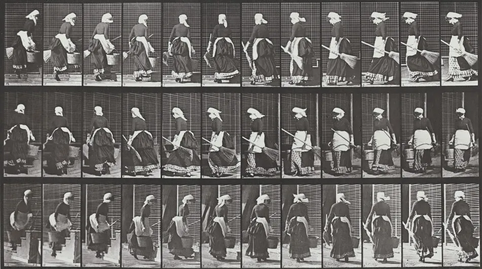 Plate Number 107. Turning to ascend stairs with a bucket of water and a broom in hands by Eadweard Muybridge