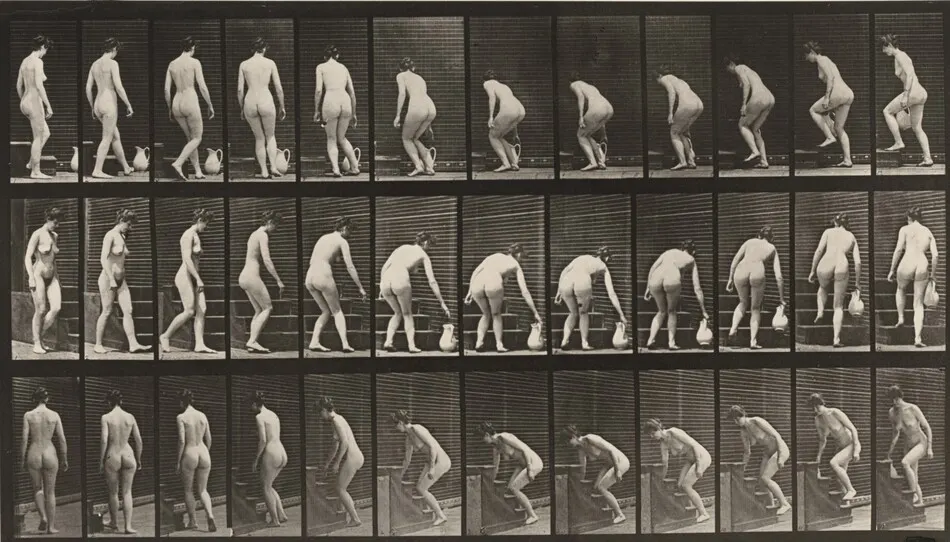 Plate Number 108. Turning to ascend stairs, stooping and lifting pitcher by Eadweard Muybridge