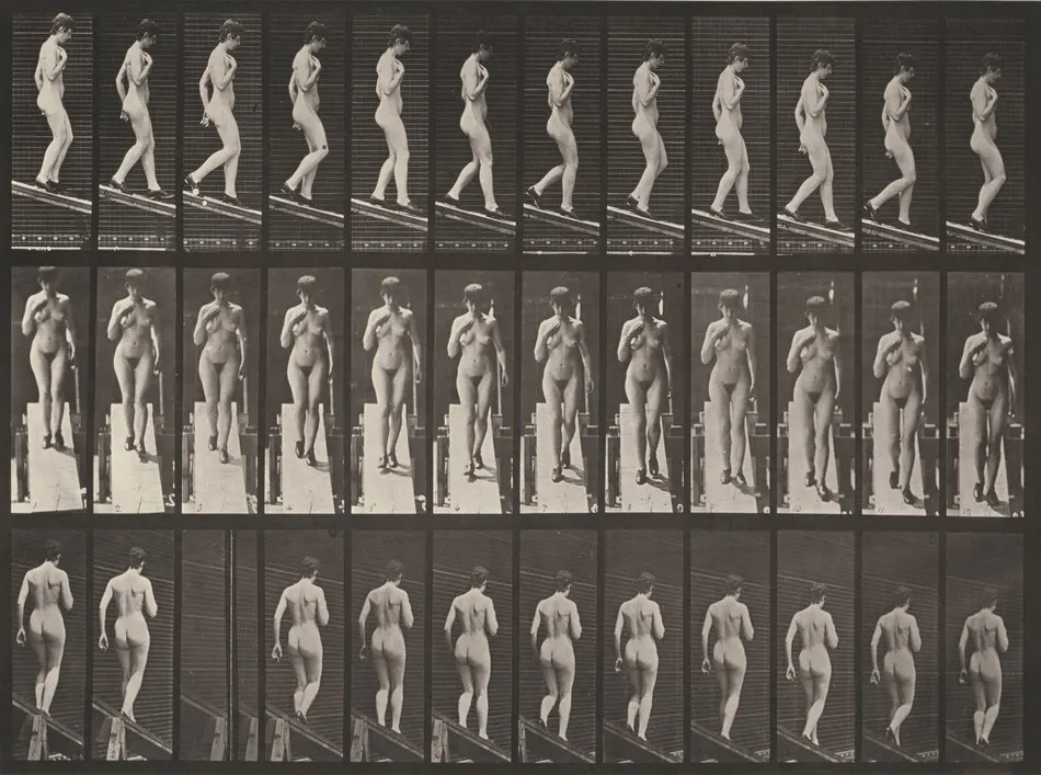 Plate Number 119. Descending an incline with right hand on breast by Eadweard Muybridge