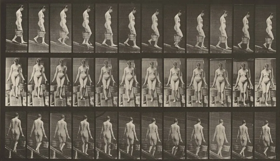 Plate Number 121. Descending an incline with a bucket of water in each hand by Eadweard Muybridge