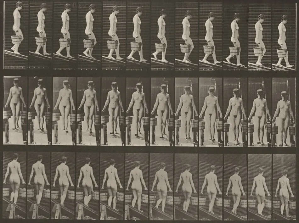 Plate Number 122. Descending an incline with a bucket of water in each hand by Eadweard Muybridge