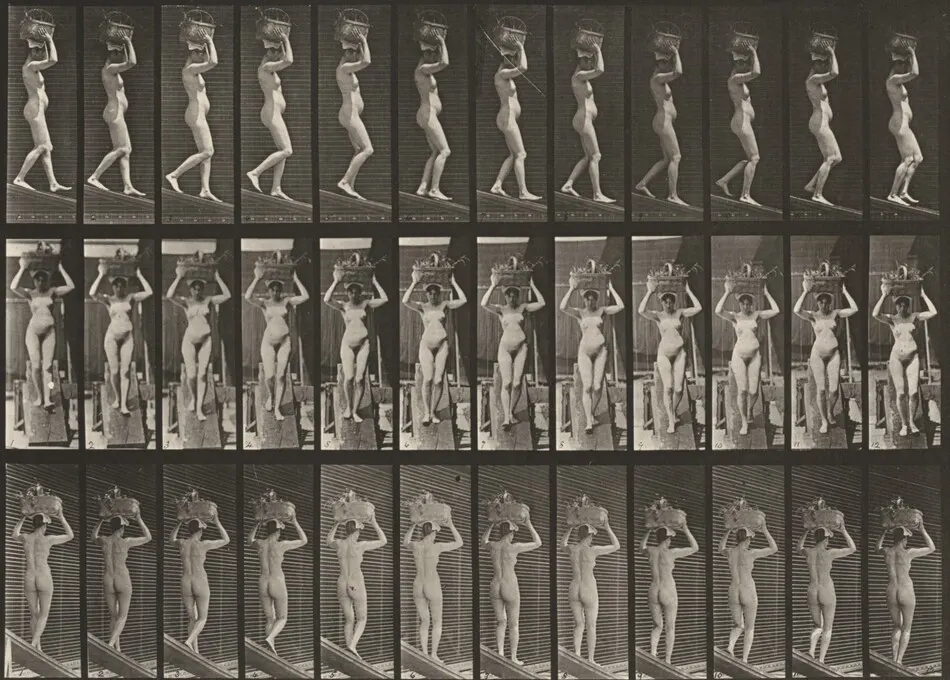 Plate Number 123. Descending an incline with a 20-lb. basket on head, hands raised by Eadweard Muybridge