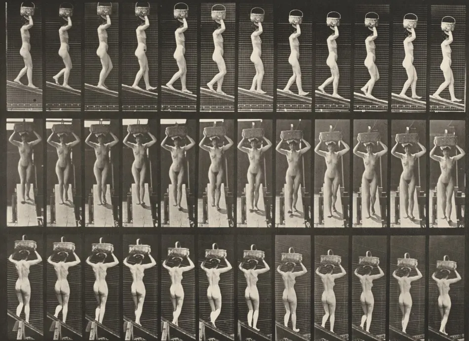 Plate Number 124. Descending an incline with a 20-lb. basket on head, hands raised by Eadweard Muybridge