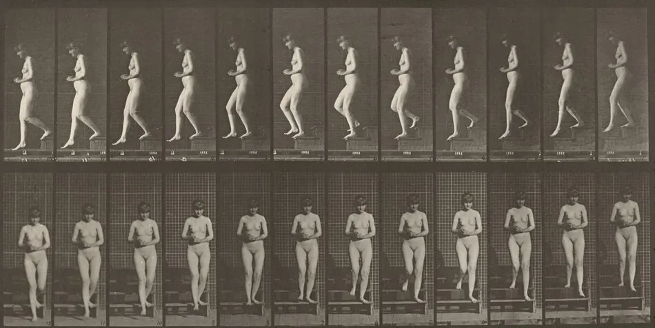 Plate Number 128. Descending stairs with hands clasped by Eadweard Muybridge