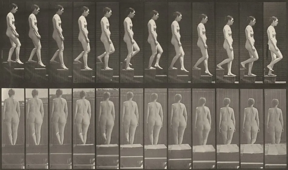 Plate Number 129. Descending stairs by Eadweard Muybridge
