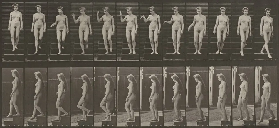 Plate Number 131. Descending stairs, waving hand by Eadweard Muybridge