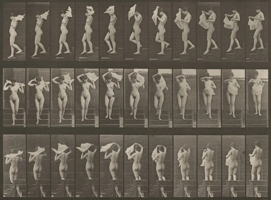 Plate Number 133. Descending stairs and throwing handkerchief over shoulders by Eadweard Muybridge