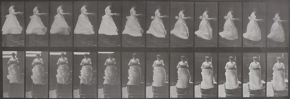 Plate Number 134. Descending stairs with a basin in hands by Eadweard Muybridge